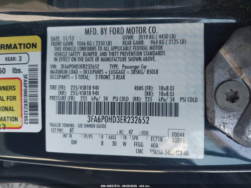 2014 FORD FUSION SEDAN 1.5L I4 FI DOHC 16V NF4