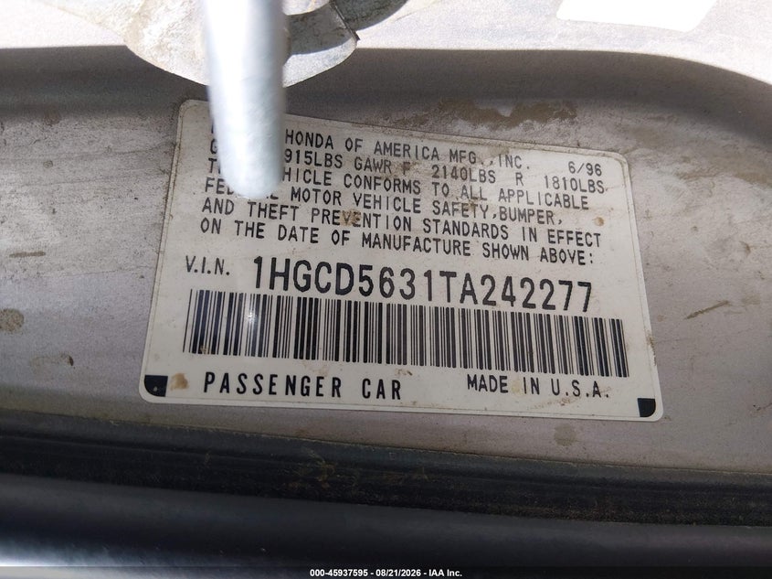 HONDA ACCORD 1996 VIN 1HGCD5631TA242277
