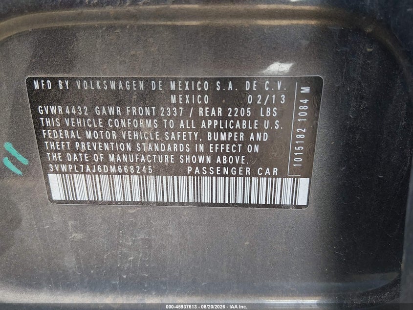 2013 VOLKSWAGEN JETTA WAGON 2.0L I-4 DI, DOHC, TURBO, 140HP