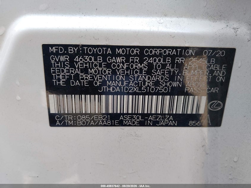 LEXUS IS 300 2020 VIN JTHDA1D2XL5107501