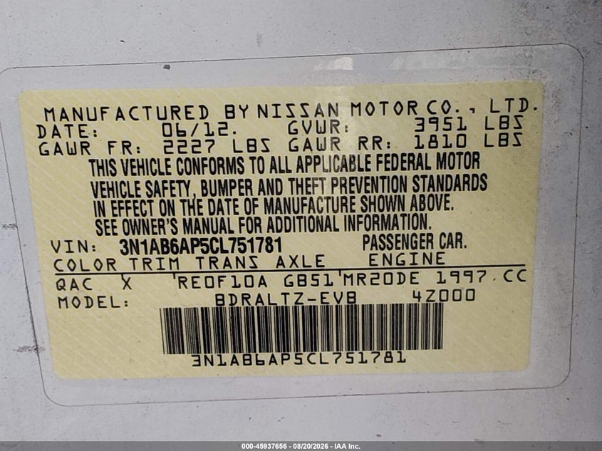 2012 NISSAN SENTRA SEDAN 2.0L I-4 DOHC, VVT, 140HP