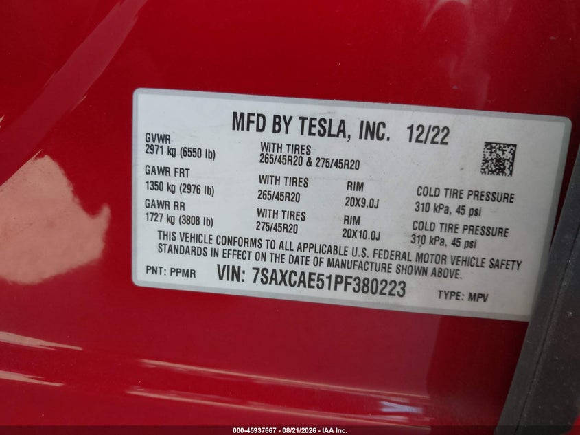 TESLA MODEL X 2023 VIN 7SAXCAE51PF380223
