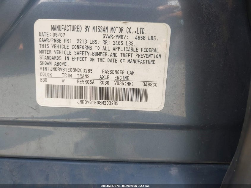 INFINITI G35 2008 VIN JNKBV61E08M203285