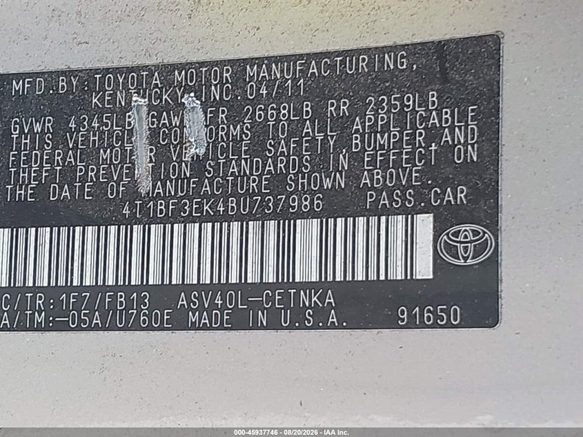 2011 TOYOTA CAMRY auction photo 8