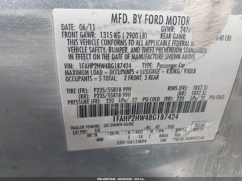 FORD TAURUS 2011 VIN 1FAHP2HW4BG187424