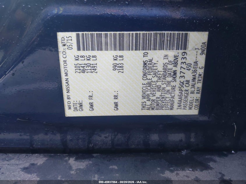 NISSAN MAXIMA 2016 VIN 1N4AA6AP5GC377339