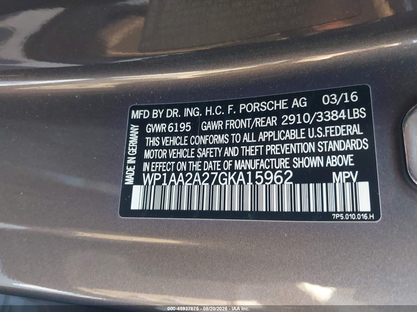 PORSCHE CAYENNE 2016 VIN WP1AA2A27GKA15962