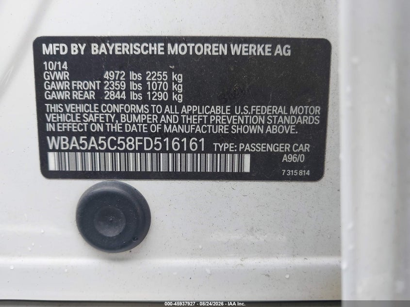 BMW 528I 2015 VIN WBA5A5C58FD516161