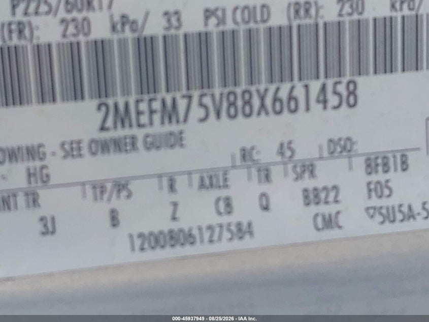 MERCURY GRAND MARQUIS 2008 VIN 2MEFM75V88X661458