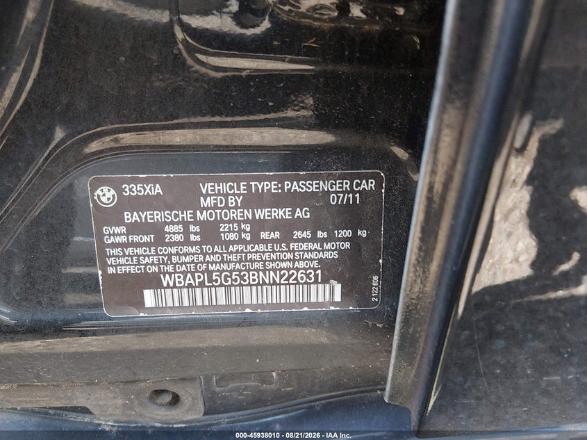 BMW 335I 2011 VIN WBAPL5G53BNN22631