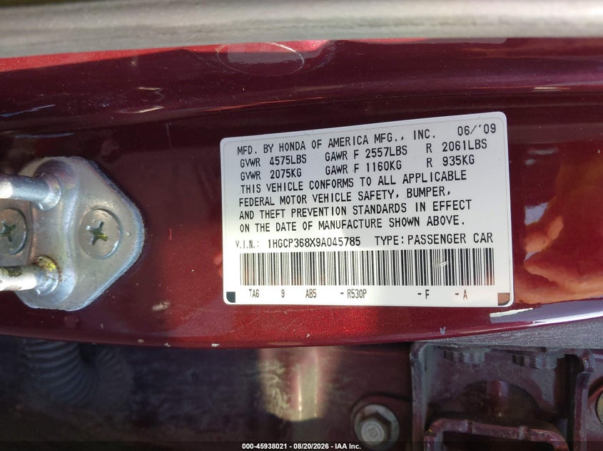 2009 HONDA ACCORD SEDAN 3.5L V-6 VVT, 271HP