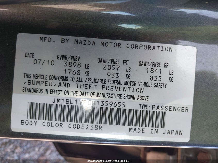 MAZDA MAZDA3 2011 VIN JM1BL1VF0B1359655