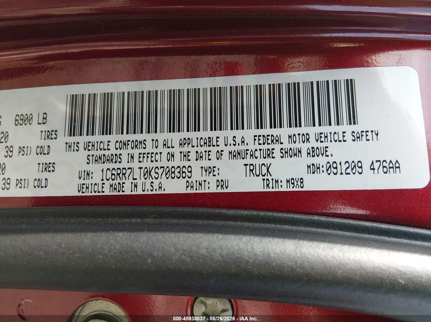 RAM 1500 CLASSIC 2019 VIN 1C6RR7LT0KS708369