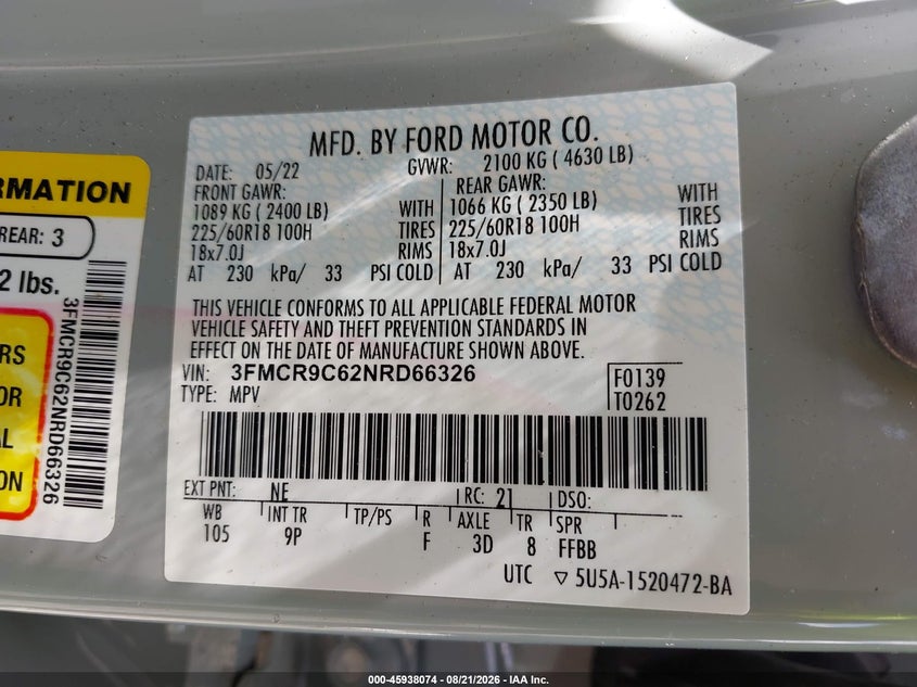FORD BRONCO SPORT 2022 VIN 3FMCR9C62NRD66326