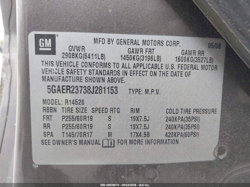 BUICK ENCLAVE 2008 VIN 5GAER23738J281153