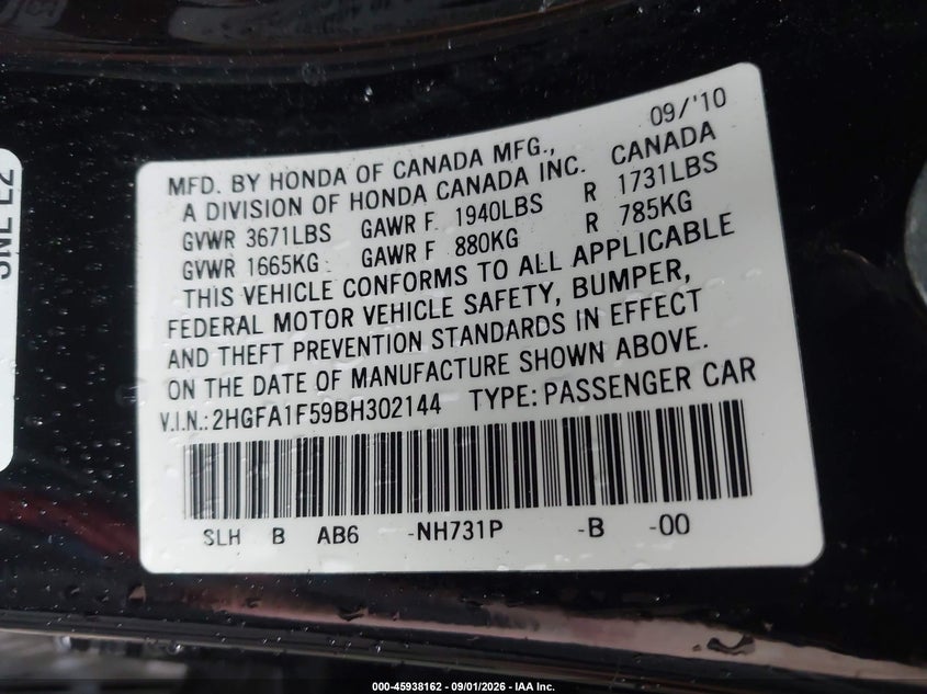 2011 HONDA CIVIC SEDAN 1.8L I-4 VVT, 140HP