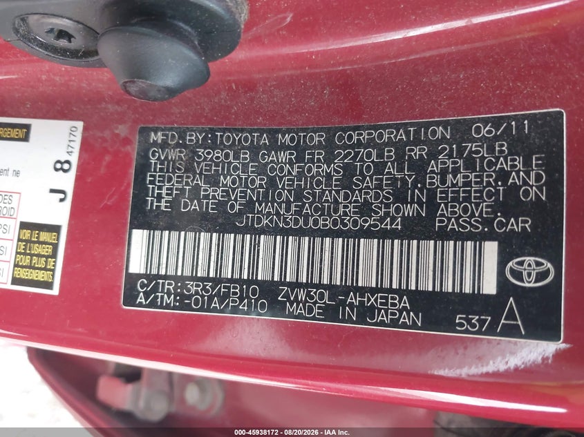 TOYOTA PRIUS 2011 VIN JTDKN3DU0B0309544