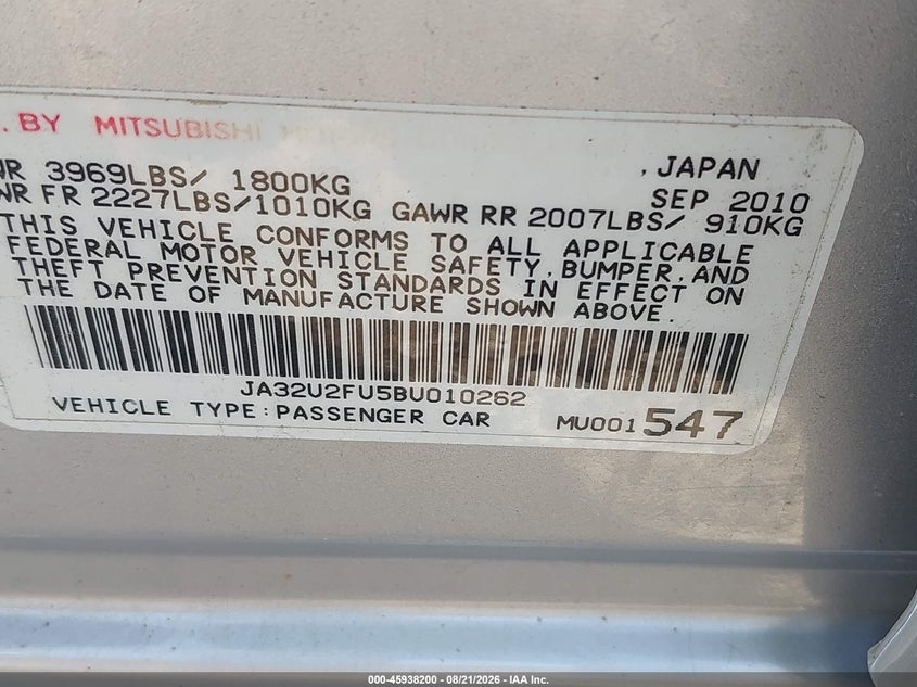 MITSUBISHI LANCER 2011 VIN JA32U2FU5BU010262