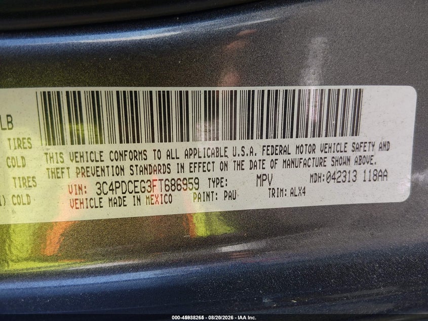 DODGE JOURNEY 2015 VIN 3C4PDCEG3FT686959