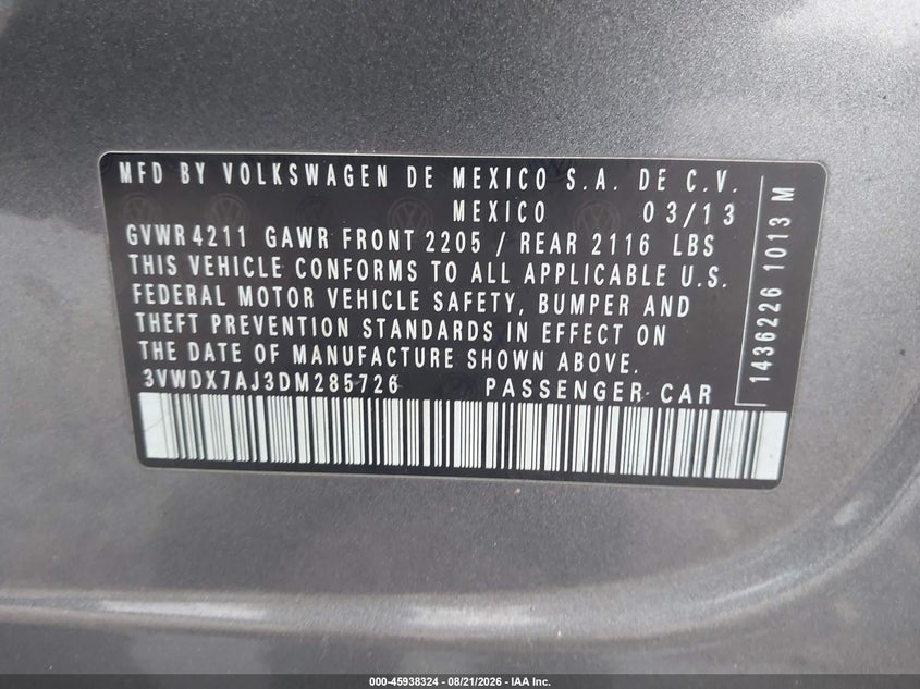 VOLKSWAGEN JETTA 2013 VIN 3VWDX7AJ3DM285726