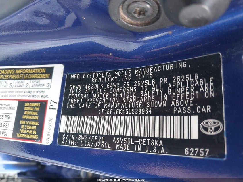 TOYOTA CAMRY 2016 VIN 4T1BF1FK4GU538964