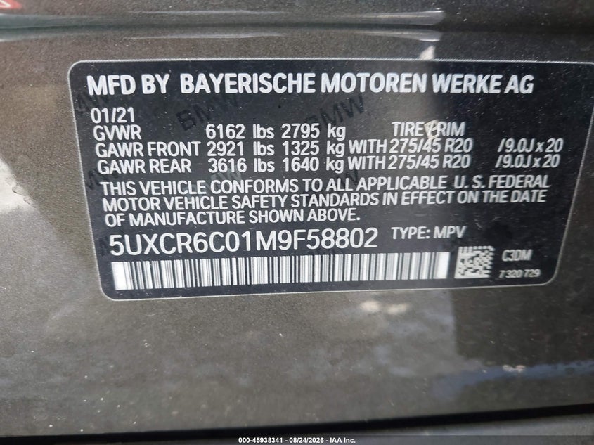 BMW X5 2021 VIN 5UXCR6C01M9F58802