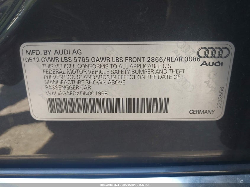 AUDI A8 2013 VIN WAUAGAFDXDN001968