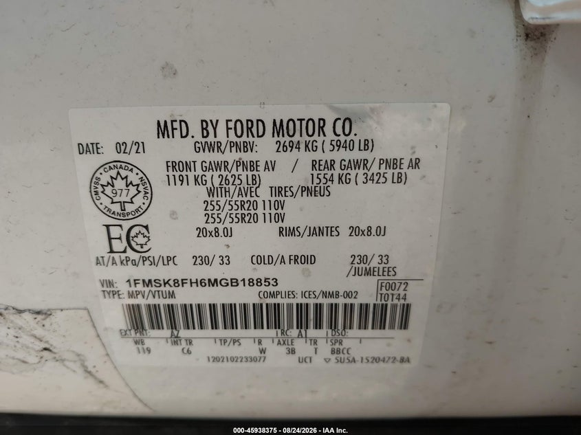 FORD EXPLORER 2021 VIN 1FMSK8FH6MGB18853