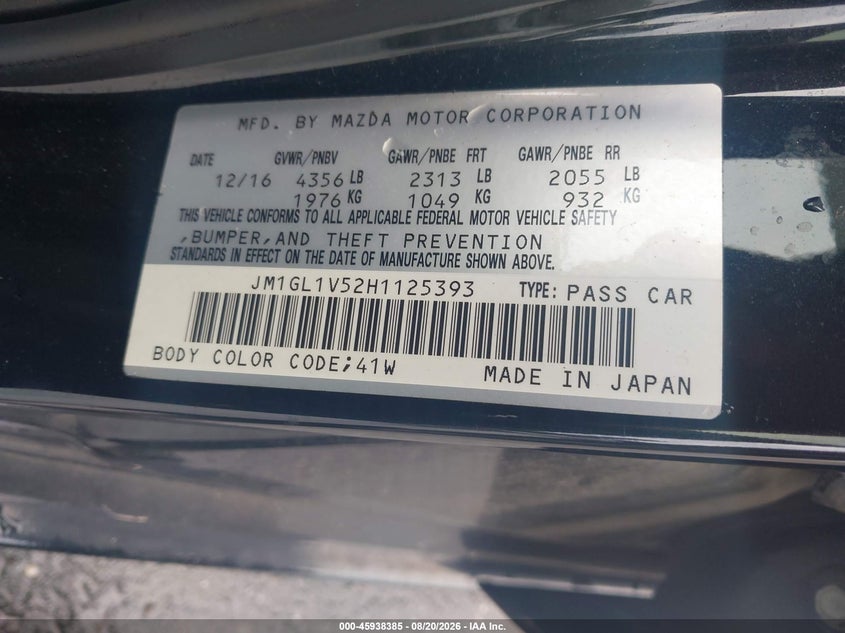 MAZDA MAZDA6 2017 VIN JM1GL1V52H1125393