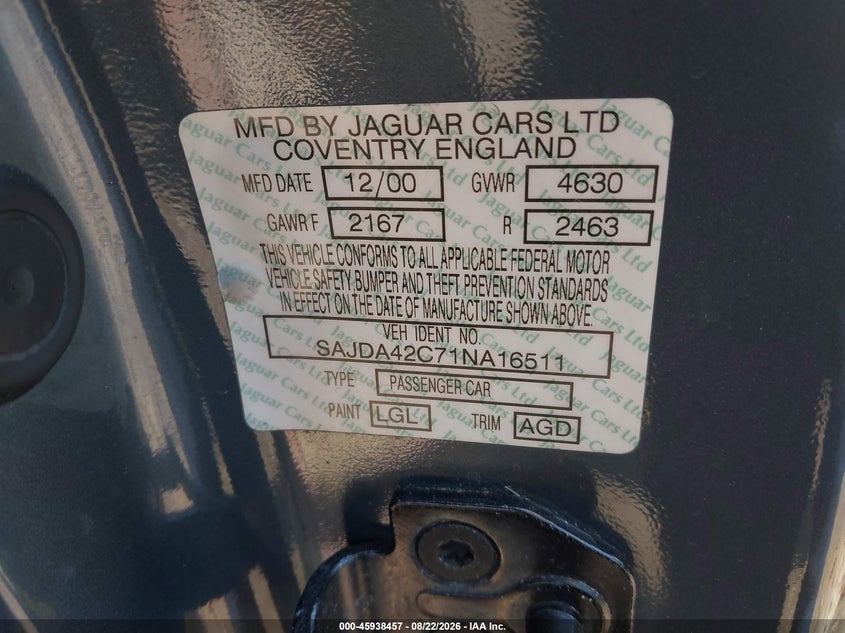 JAGUAR XK8 2001 VIN SAJDA42C71NA16511