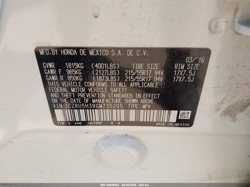 HONDA HR-V 2016 VIN 3CZRU5H38GM735205