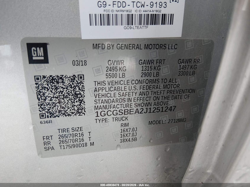 CHEVROLET COLORADO 2018 VIN 1GCGSBEA2J1251247