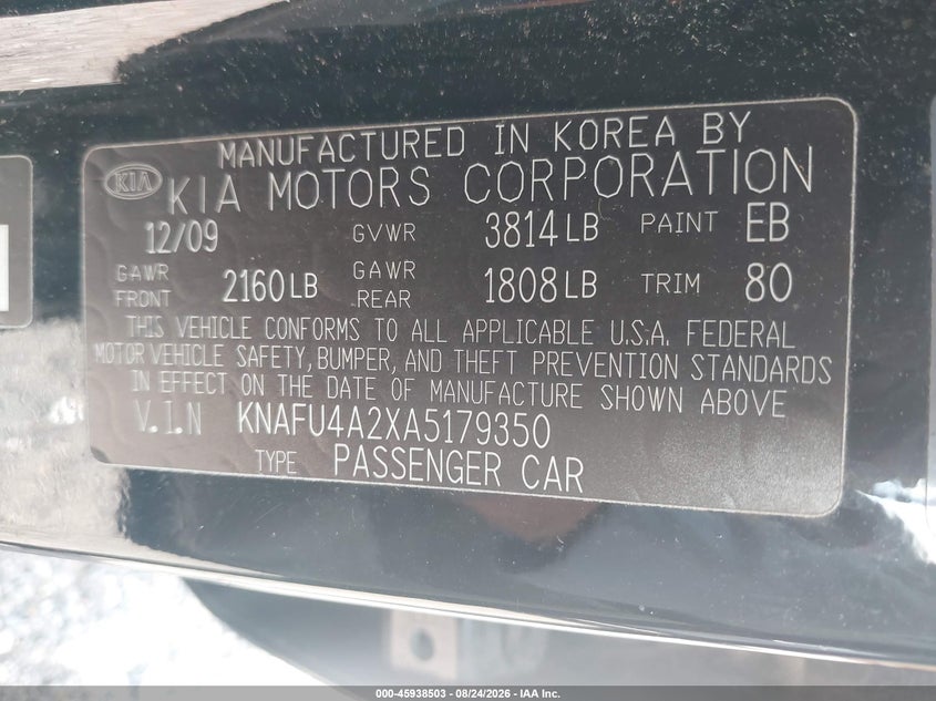 2010 KIA FORTE SEDAN 2.0L I-4 DOHC, VVT, 156HP