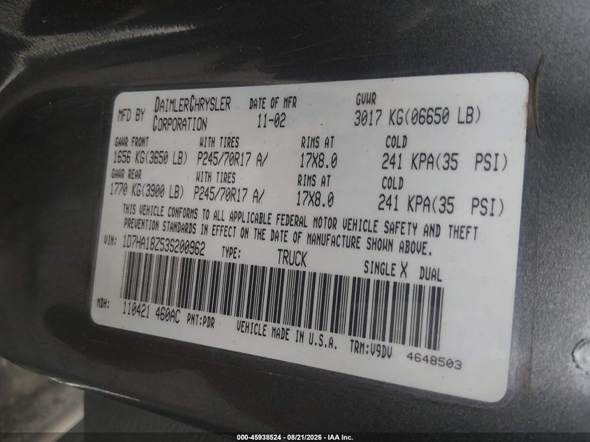 DODGE RAM 1500 2003 VIN 1D7HA18Z53S200962