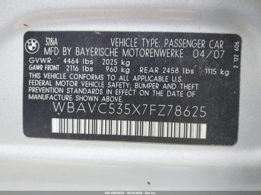 BMW 328I 2007 VIN WBAVC535X7FZ78625