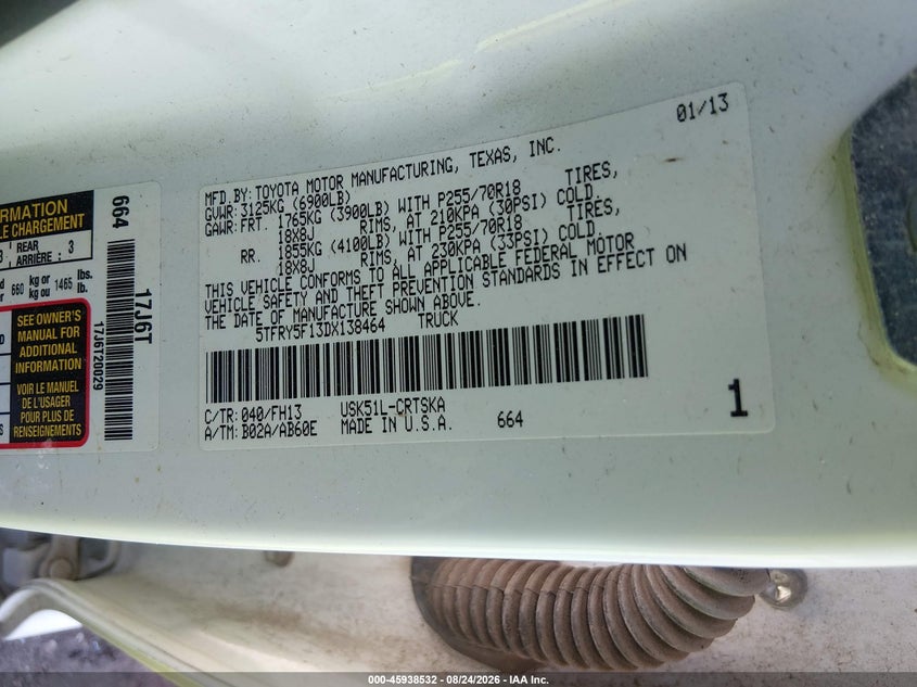 TOYOTA TUNDRA 2013 VIN 5TFRY5F13DX138464