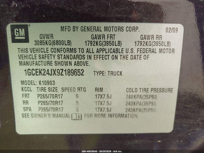 CHEVROLET SILVERADO 1500 2009 VIN 1GCEK24JX9Z189652