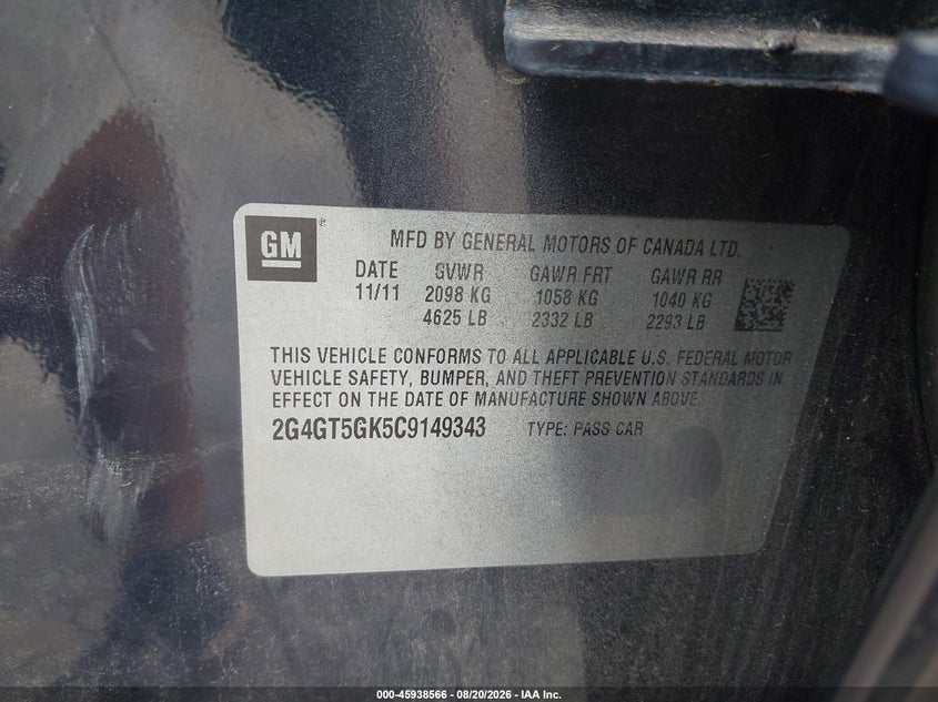 BUICK REGAL 2012 VIN 2G4GT5GK5C9149343