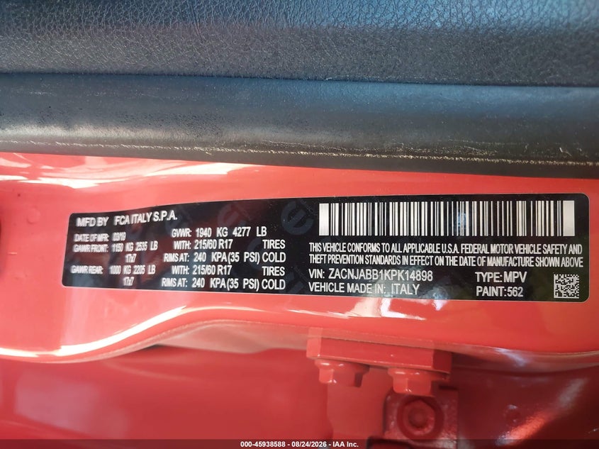 JEEP RENEGADE 2019 VIN ZACNJABB1KPK14898