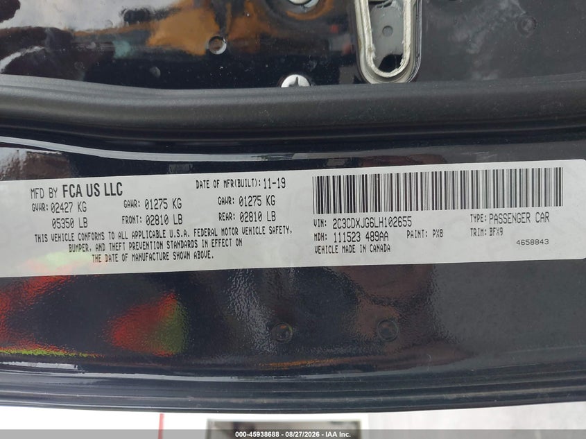 DODGE CHARGER 2020 VIN 2C3CDXJG6LH102655