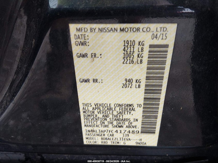 NISSAN ALTIMA 2015 VIN 1N4AL3AP7FC417489