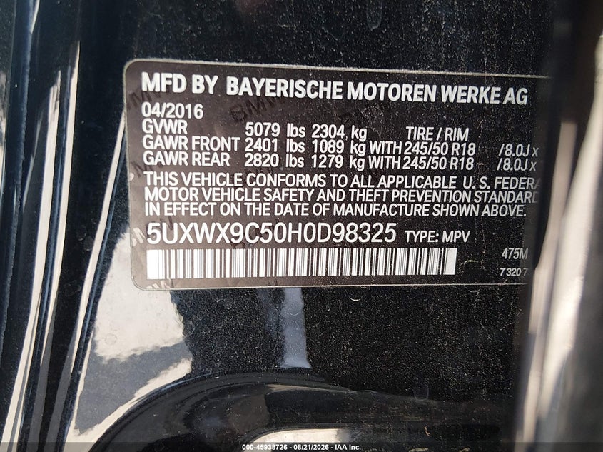 BMW X3 2017 VIN 5UXWX9C50H0D98325