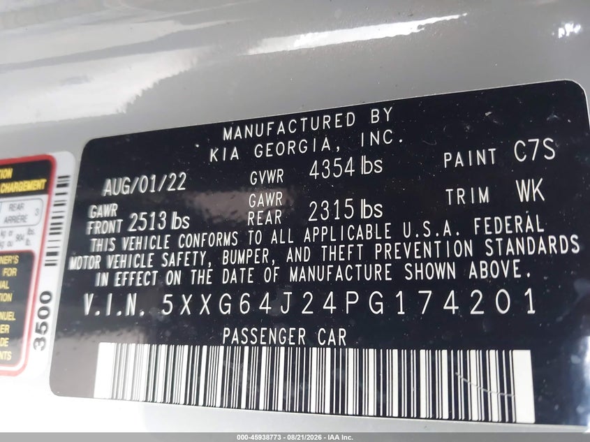 KIA K5 2023 VIN 5XXG64J24PG174201