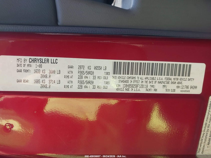 DODGE DURANGO 2008 VIN 1D8HB58258F129118