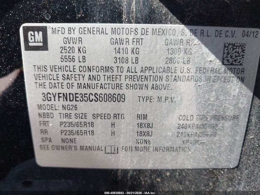 CADILLAC SRX 2012 VIN 3GYFNDE35CS608609