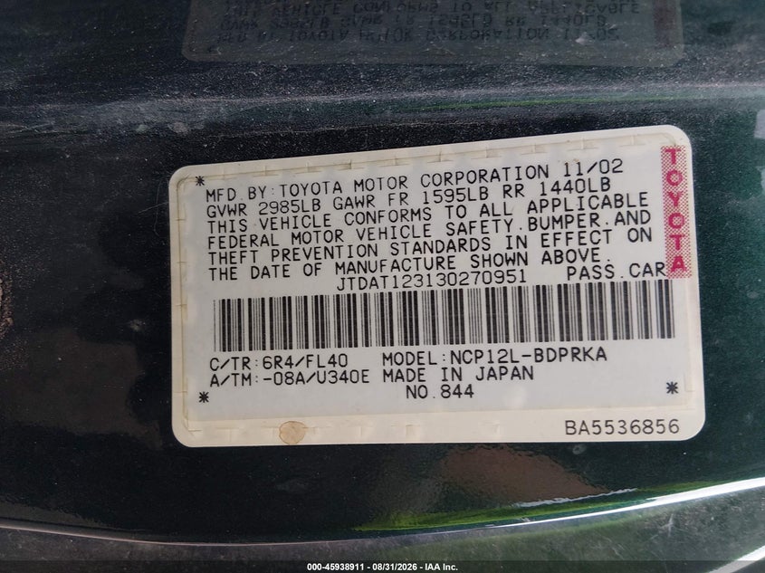 TOYOTA ECHO 2003 VIN JTDAT123130270951