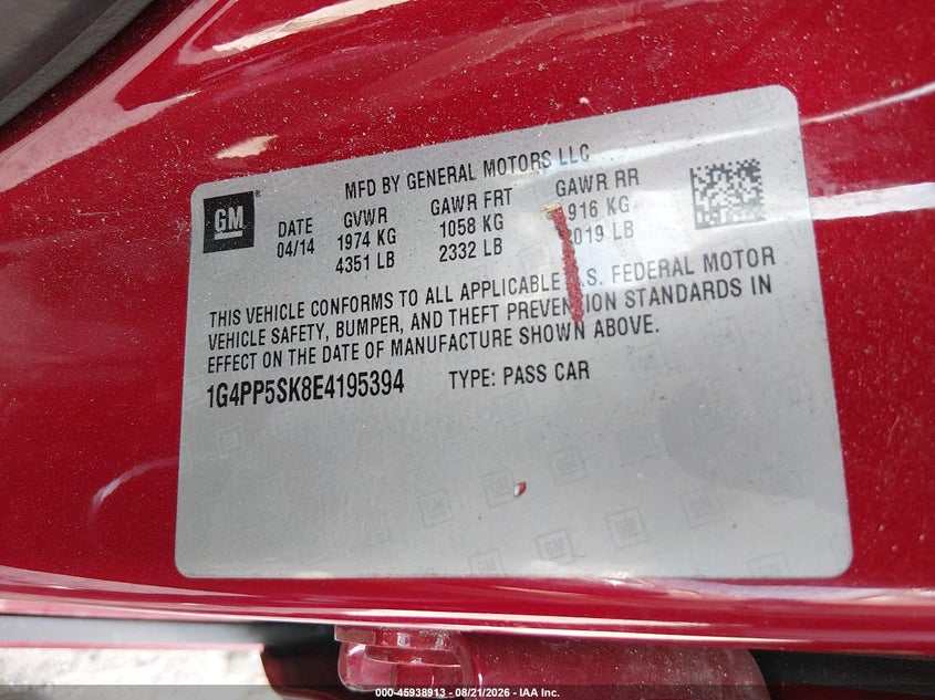 BUICK VERANO 2014 VIN 1G4PP5SK8E4195394