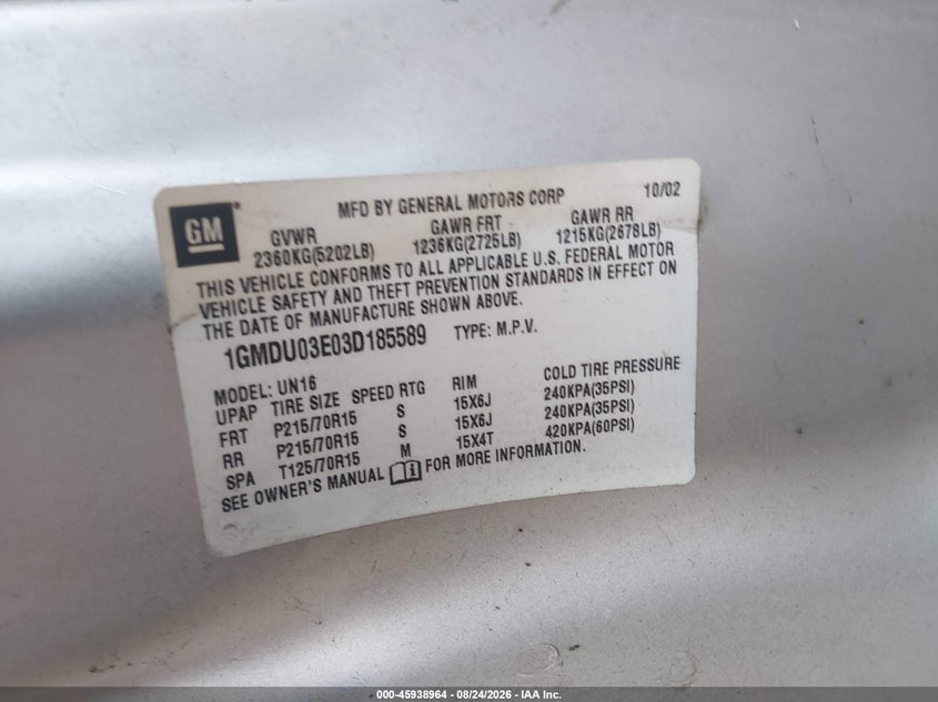 PONTIAC MONTANA 2003 VIN 1GMDU03E03D185589