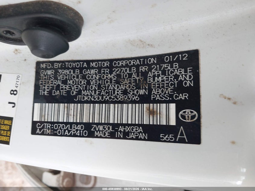 TOYOTA PRIUS 2012 VIN JTDKN3DU9C5389396