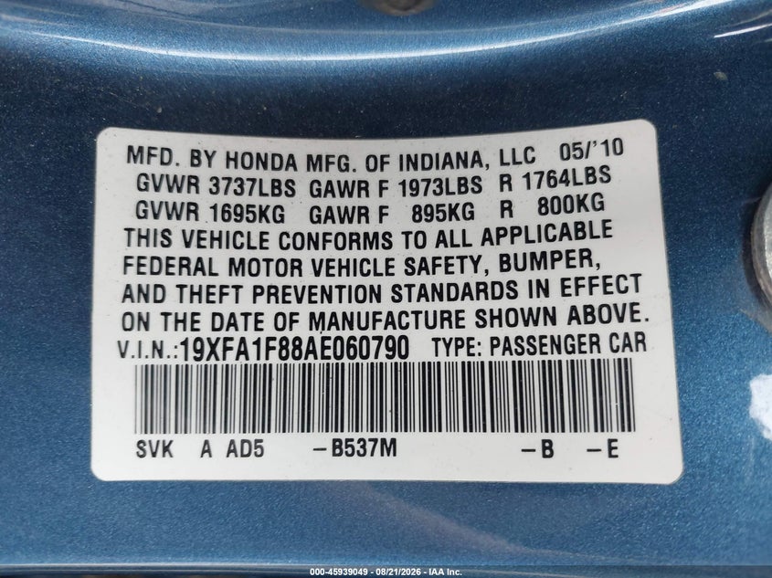 2010 HONDA CIVIC SEDAN 1.8L I-4 VVT, 140HP